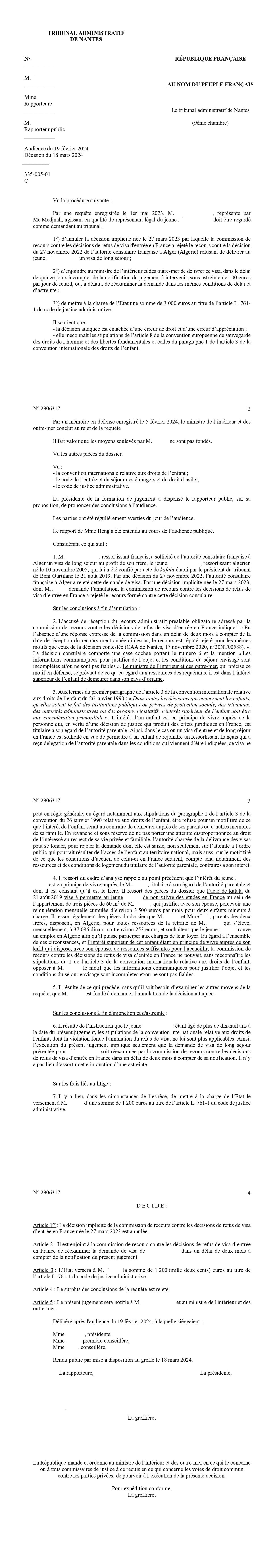 Visa de long séjour visiteur sollicité pour cause 